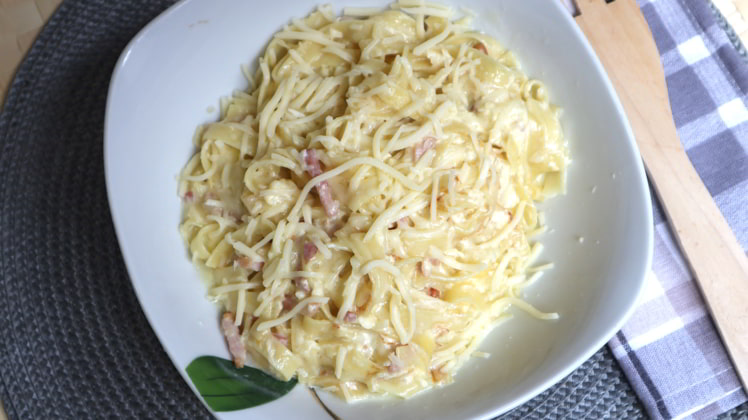 plato servido tagliatelle nido carbonara thermomix
