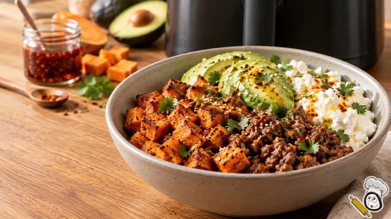 receta hot honey beef bowl freidora de aire